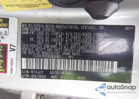 2011 Toyota Venza Base V6 z USA, uszkodzony, nr VIN 4T3ZK3BB5BU043961